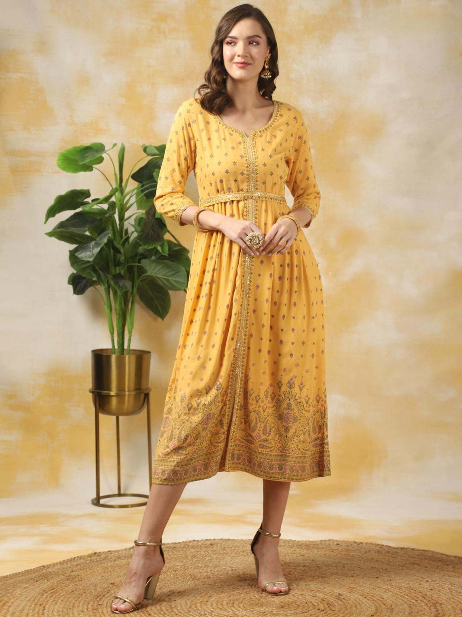 women yellow rayon printed gown calf length ethnic dress with belt (set of 2)