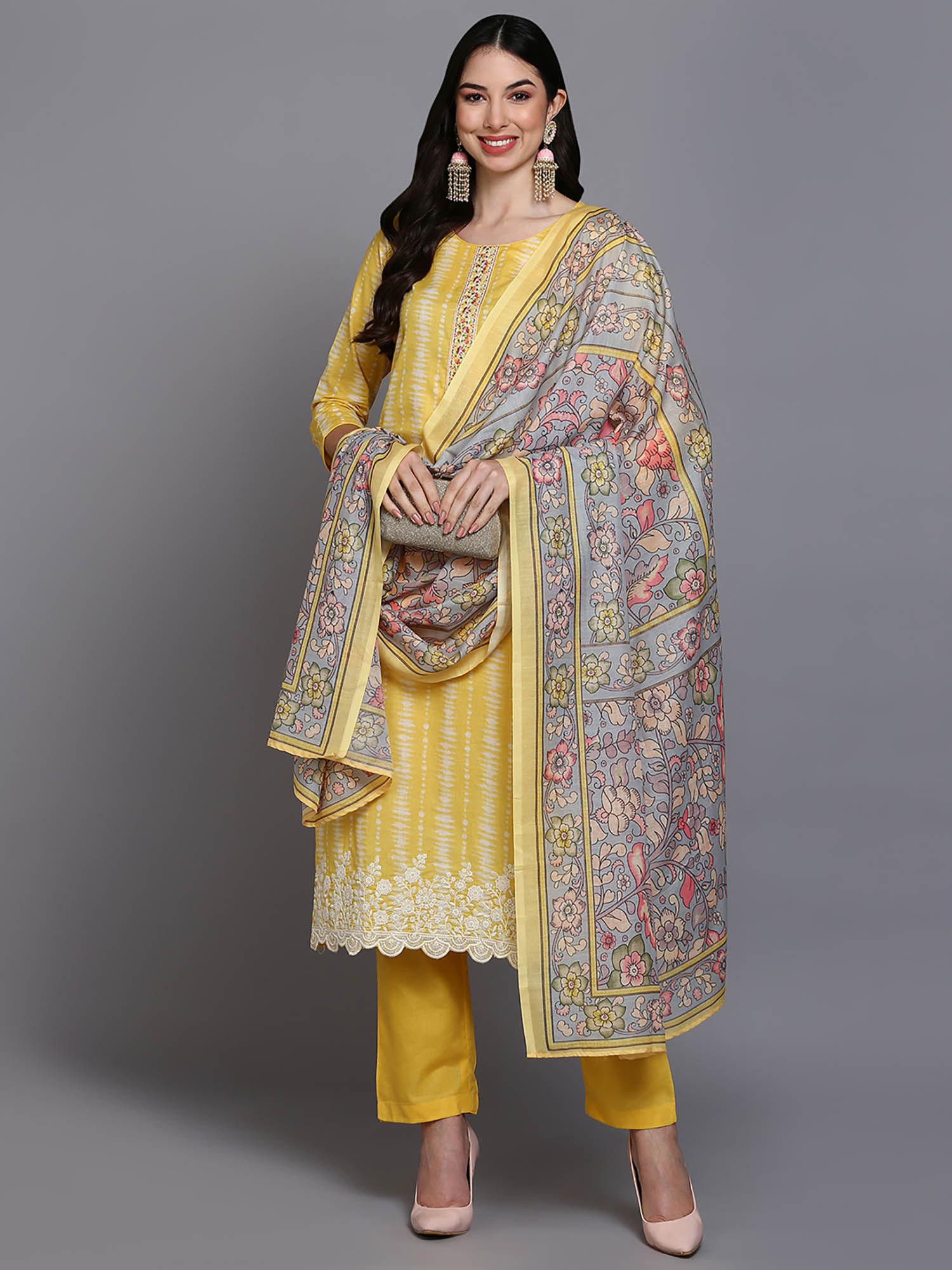 women yellow rayon printed straight kurta pants with dupatta (set of 3)
