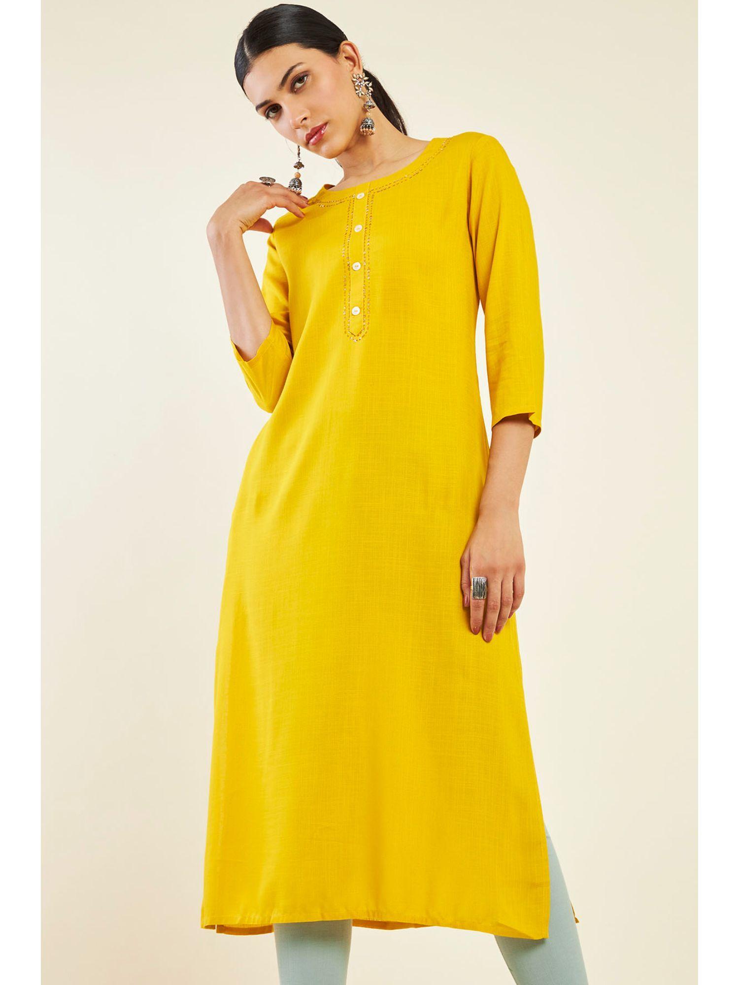 women yellow rayon solid/plain kurta