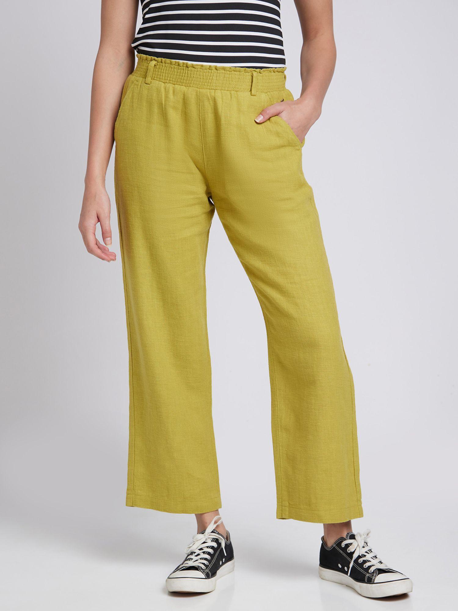 women yellow regular fit ankle length linen trouser