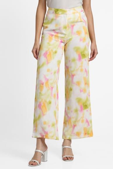 women yellow regular fit print casual trousers