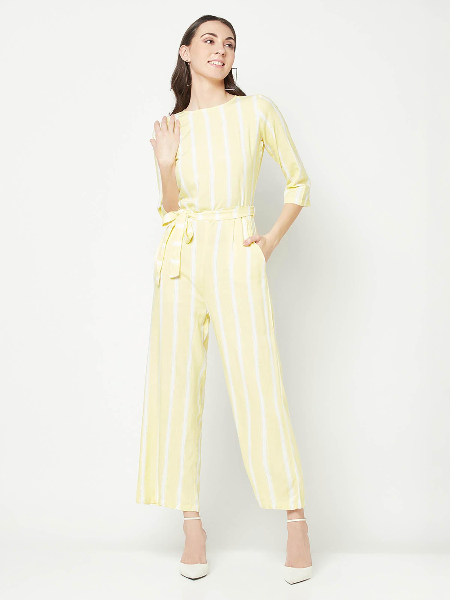 women yellow round neck jumpsuit (set of 2)