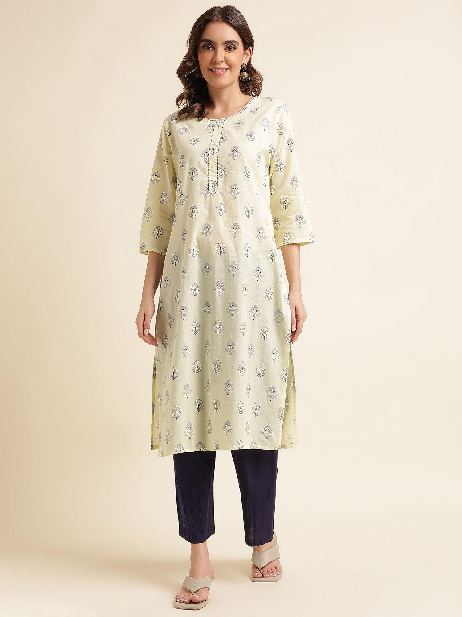 women yellow round neck kurta