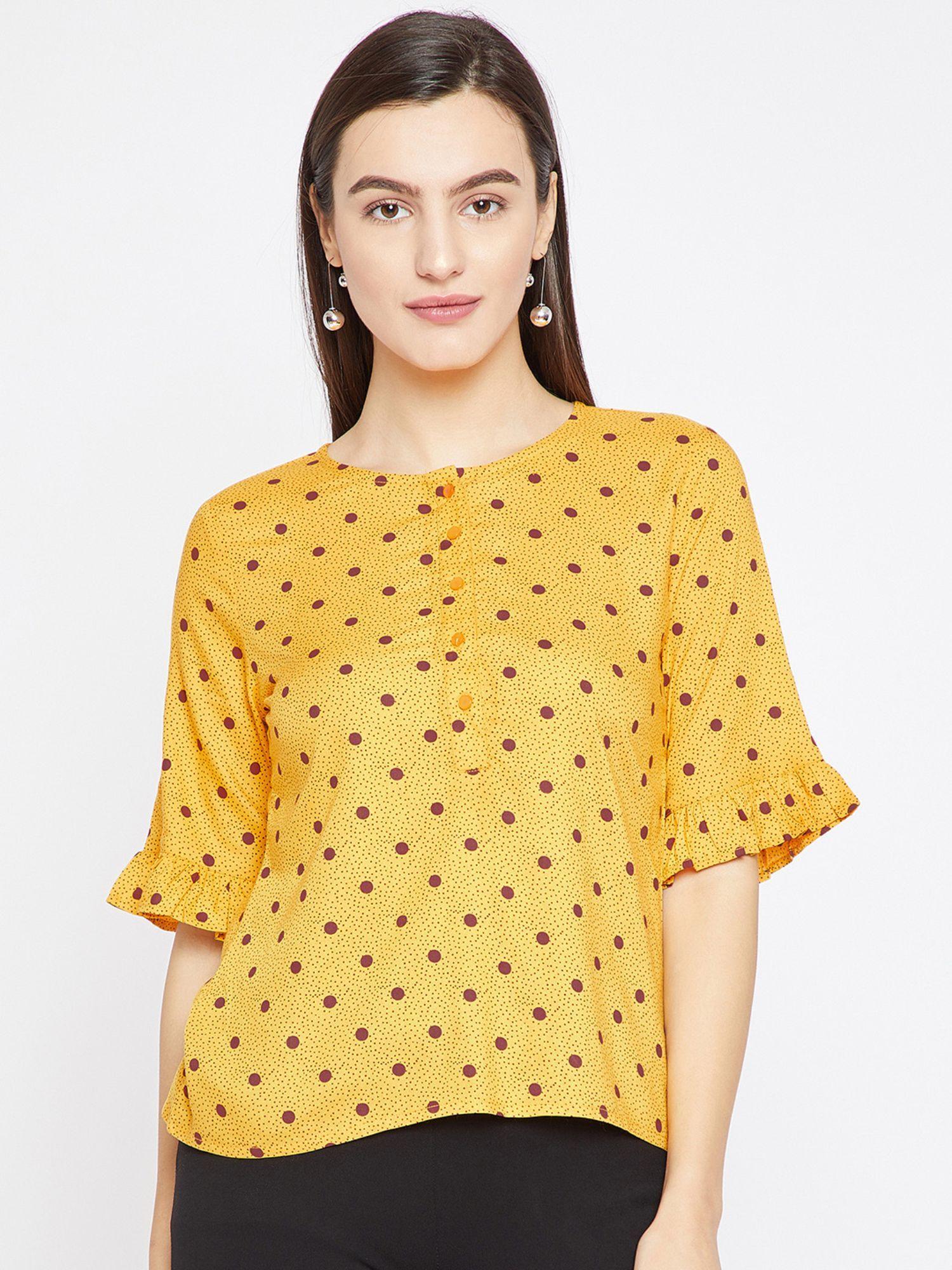 women yellow round neck polka dots top