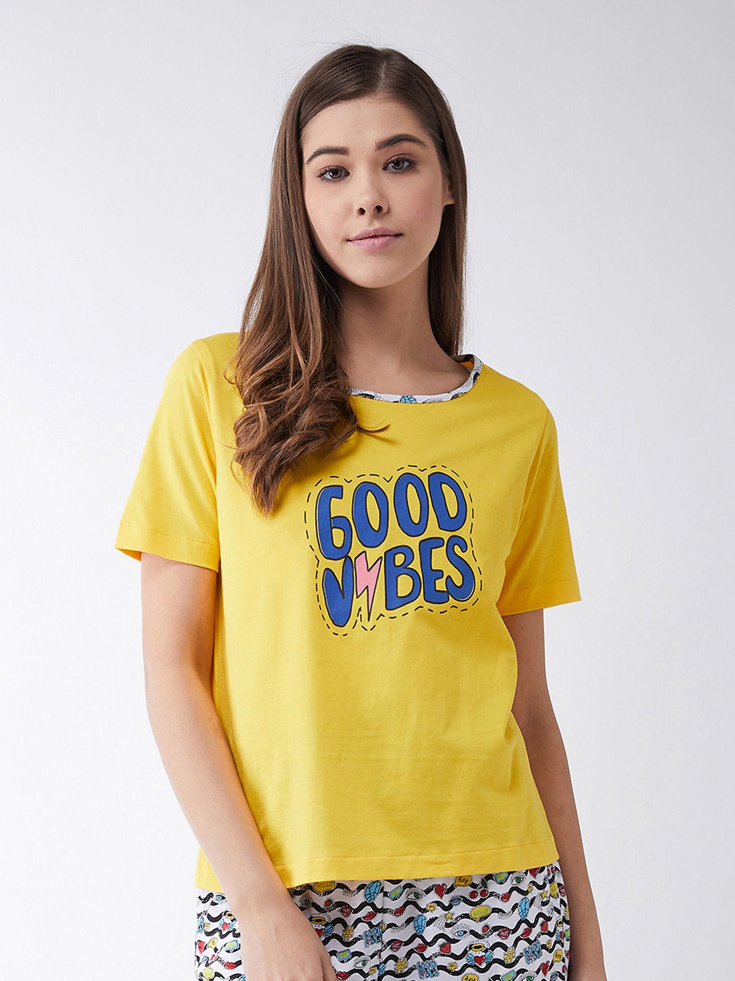 women yellow round neck short sleeves printed regular length t-shirt