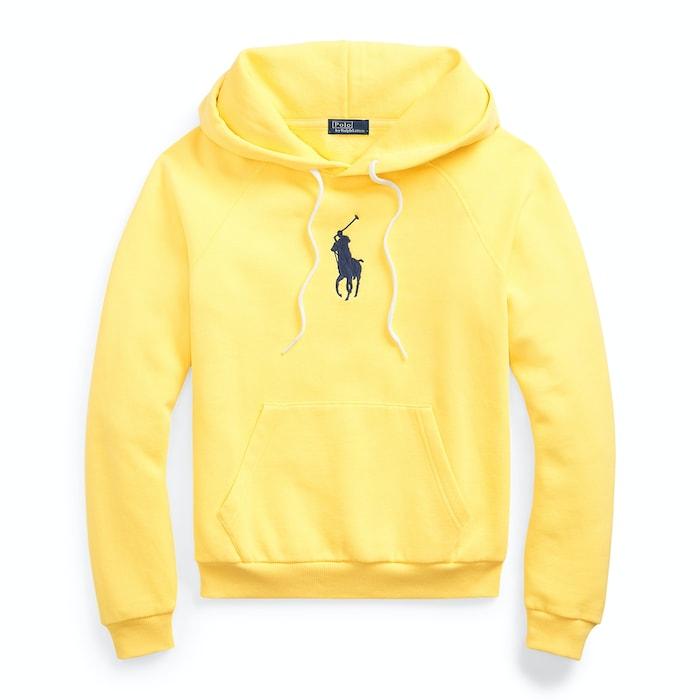 women yellow shrunken fit big pony fleece hoodie