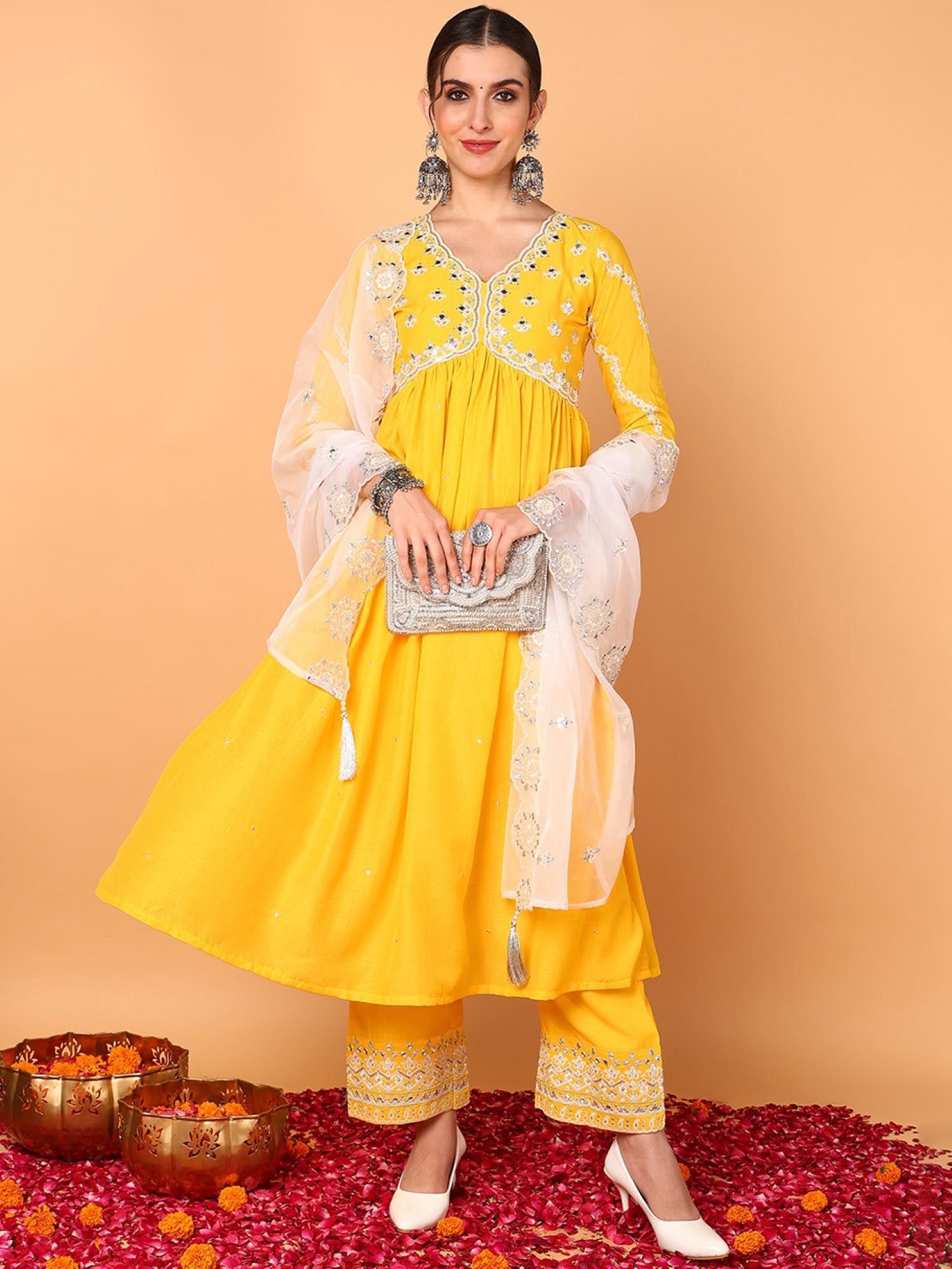 women yellow silk blend embroidered flared kurta (set of 3)