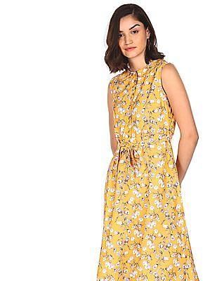 women yellow sleeveless printed dress