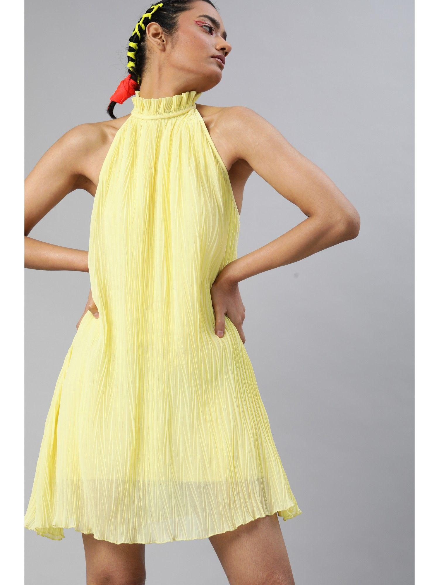 women yellow solid accordion pleated racerback a-line dress