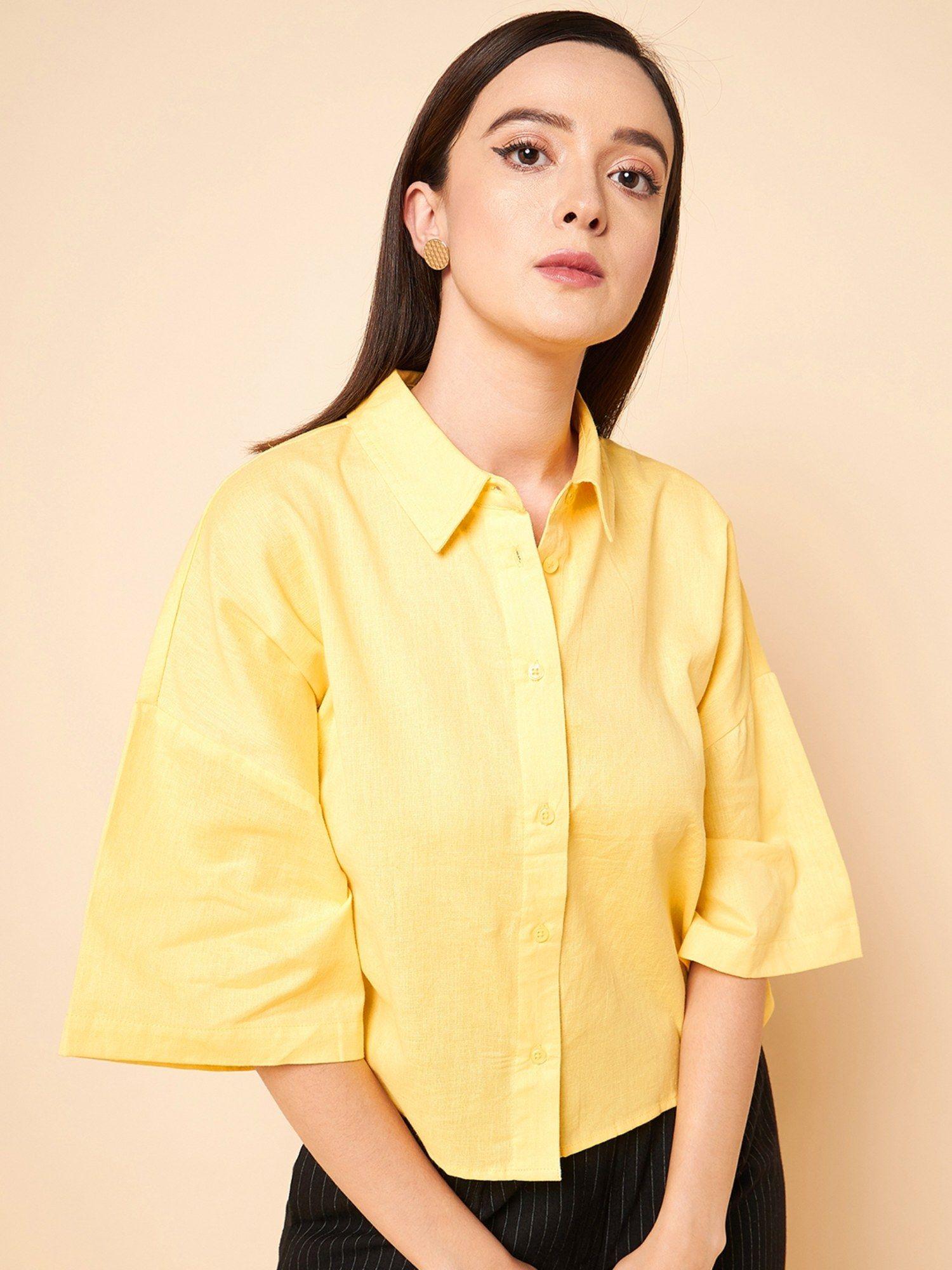 women yellow solid boxy fit crop shirt