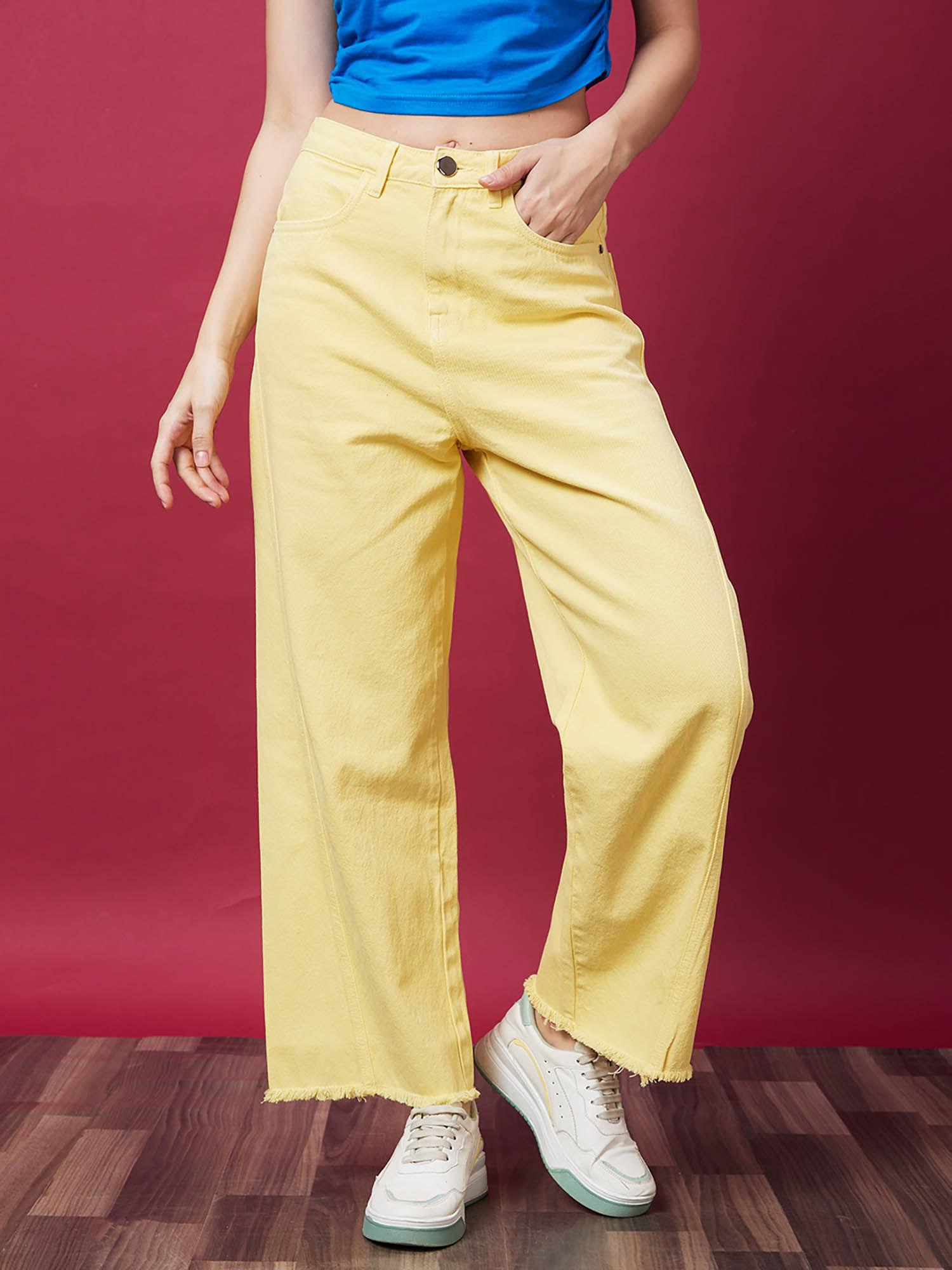 women yellow solid casual jeans with belt loops