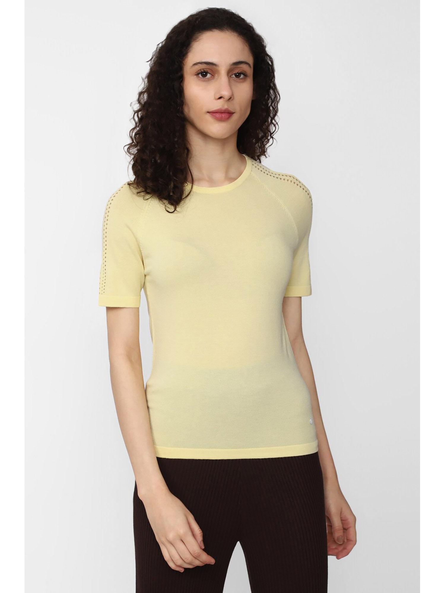 women yellow solid casual round neck top