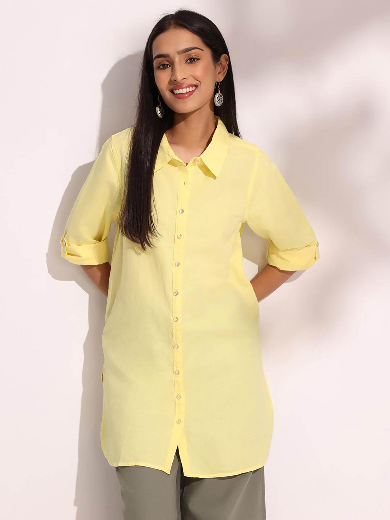 women yellow solid collared full sleeves long shirt