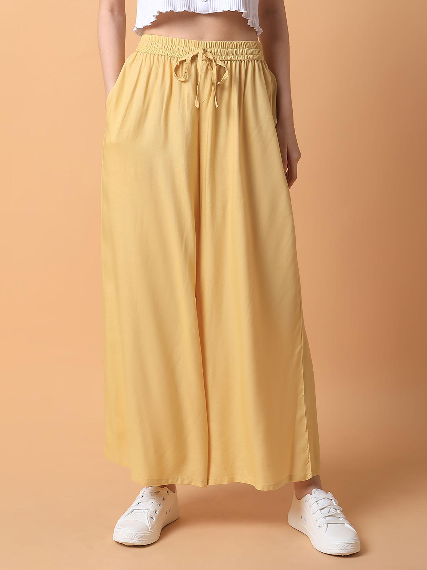 women yellow solid pleated loose fit palazzo