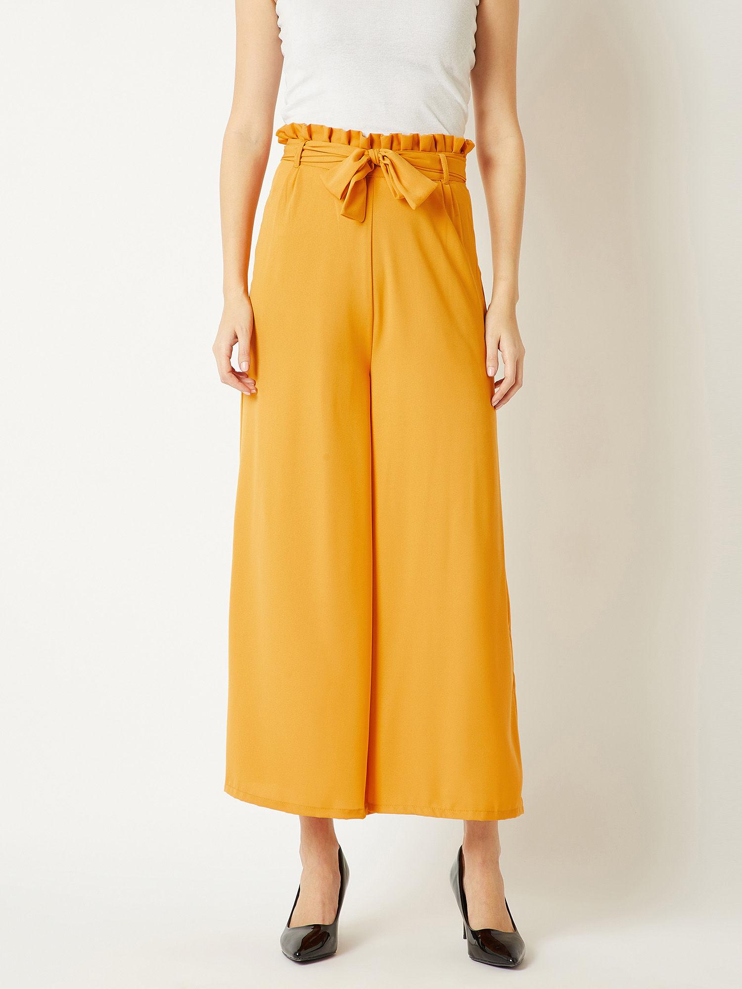 women yellow solid regular length pleated wide leg paper bag flare trouser