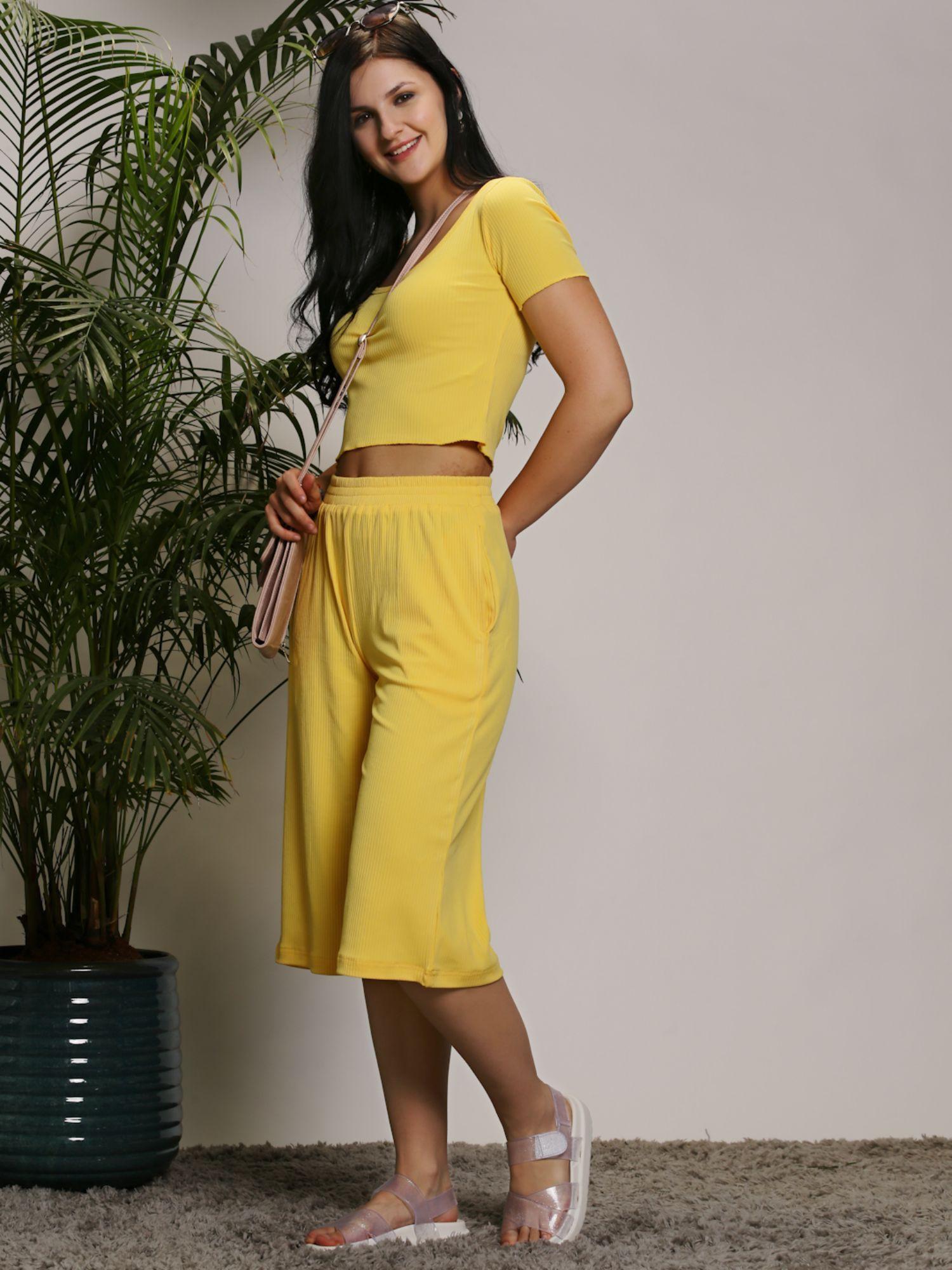 women yellow solid round neck co-ord (set of 2)