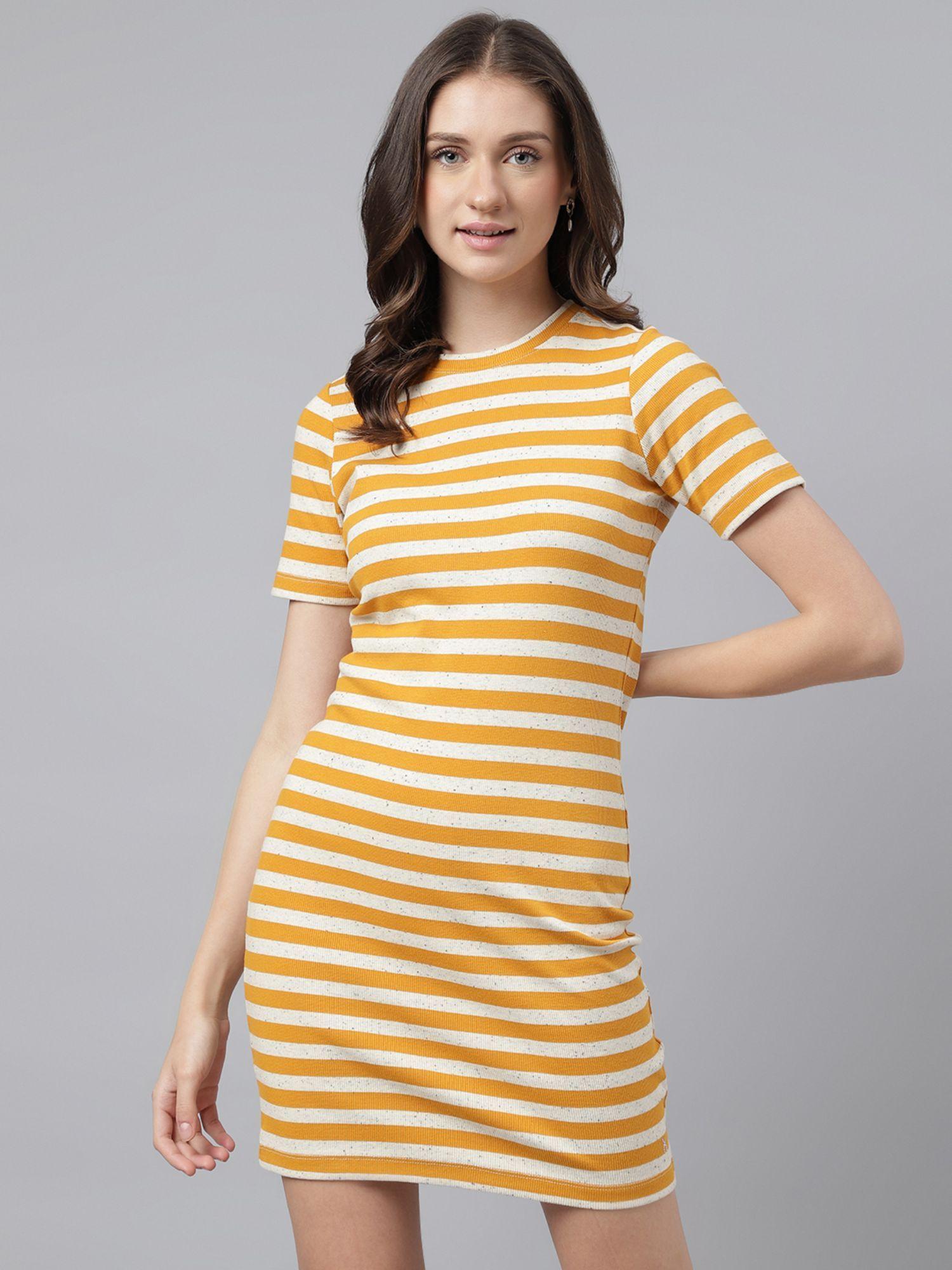 women yellow solid round neck t-shirt dress