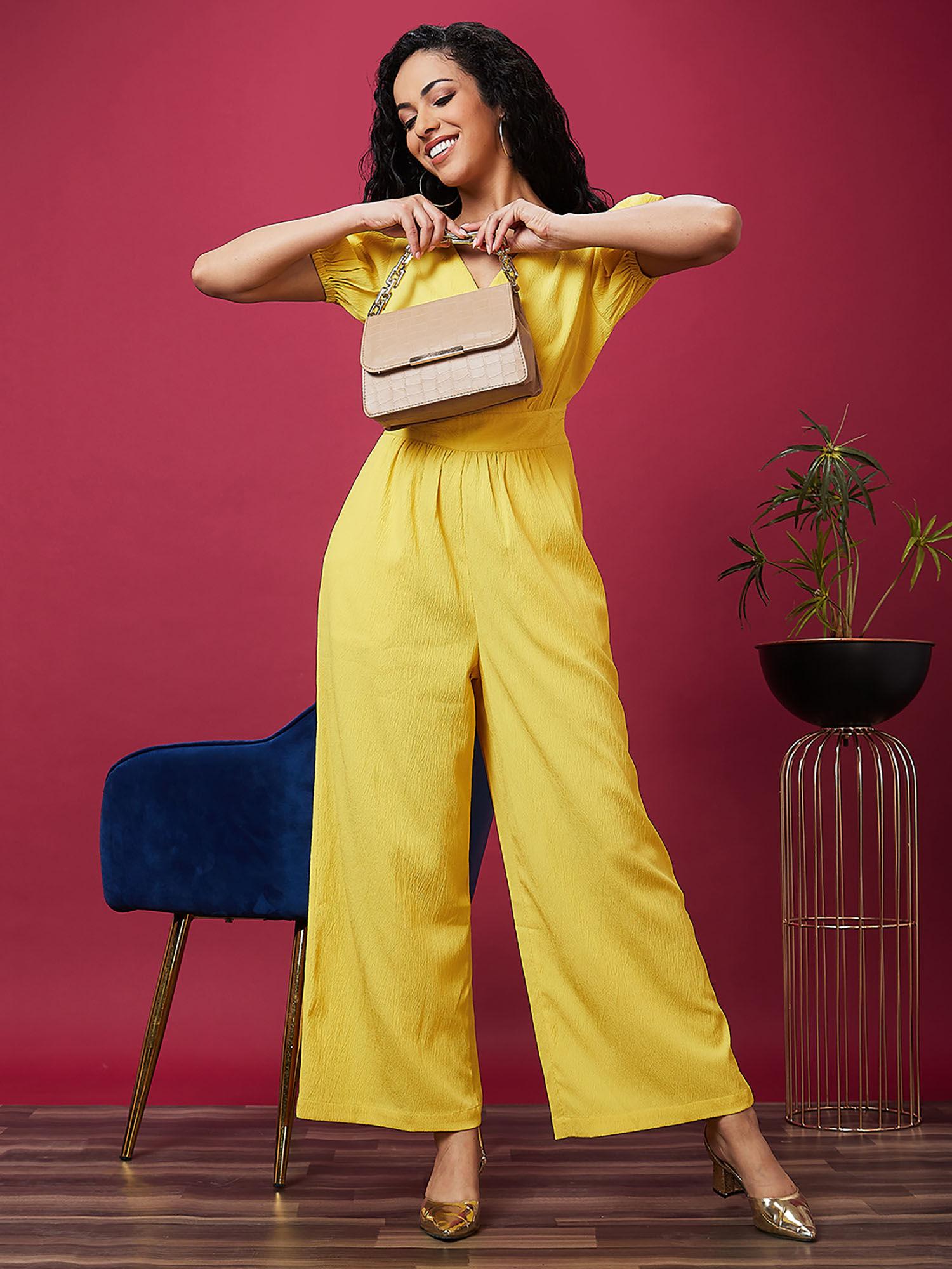 women yellow solid short sleeves wrap v-neck basic jumpsuit