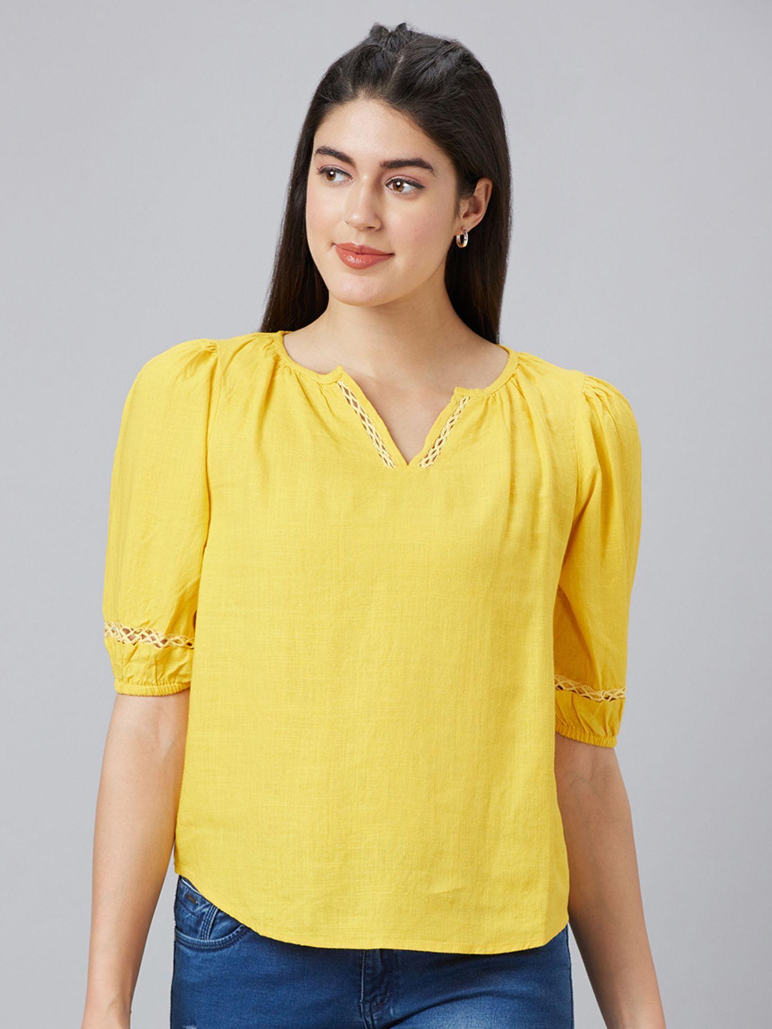 women yellow solid v-neck top