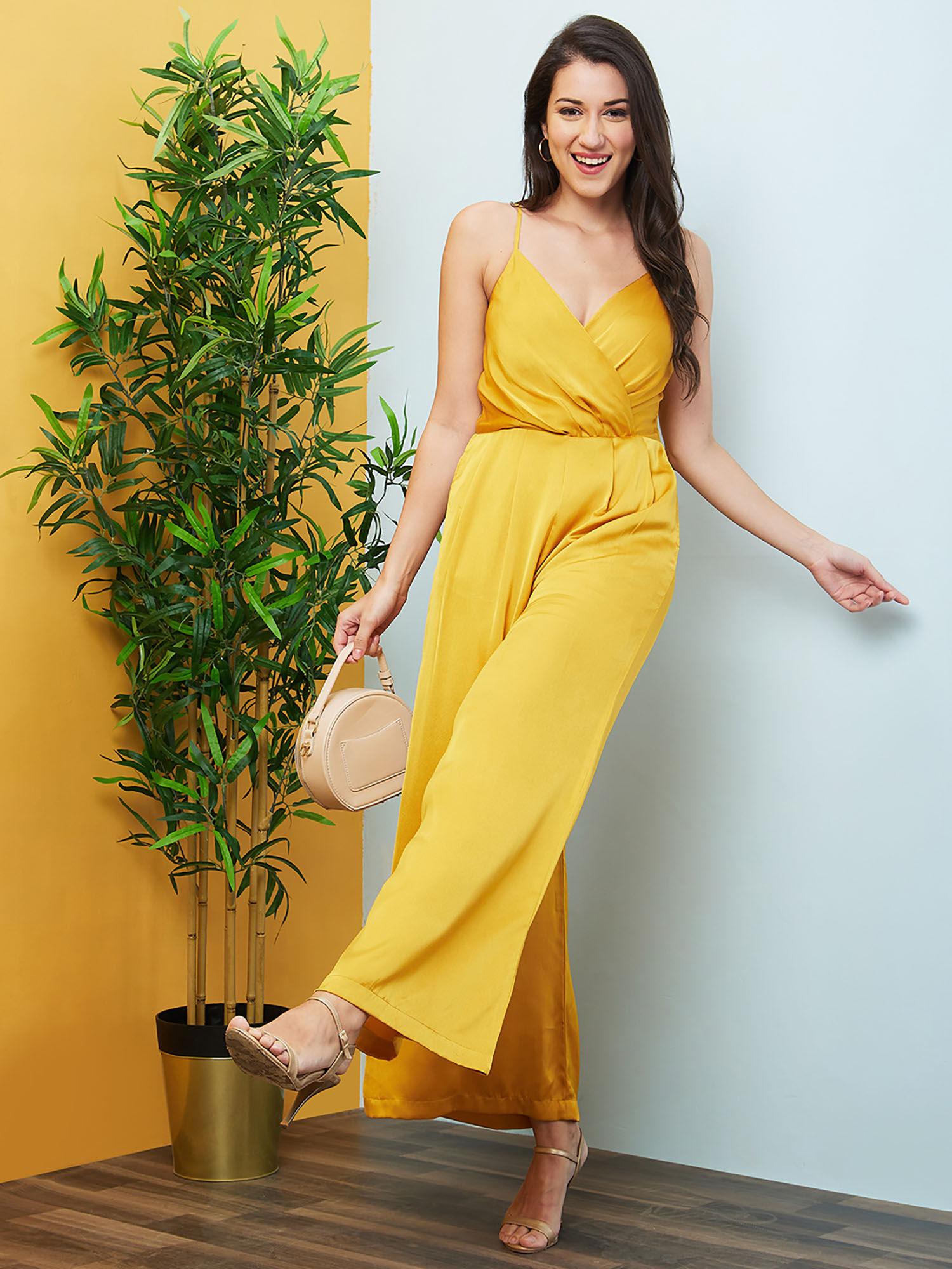 women yellow solid wrap shoulder strap jumpsuit