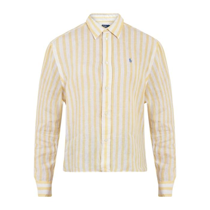 women yellow striped logo shirt