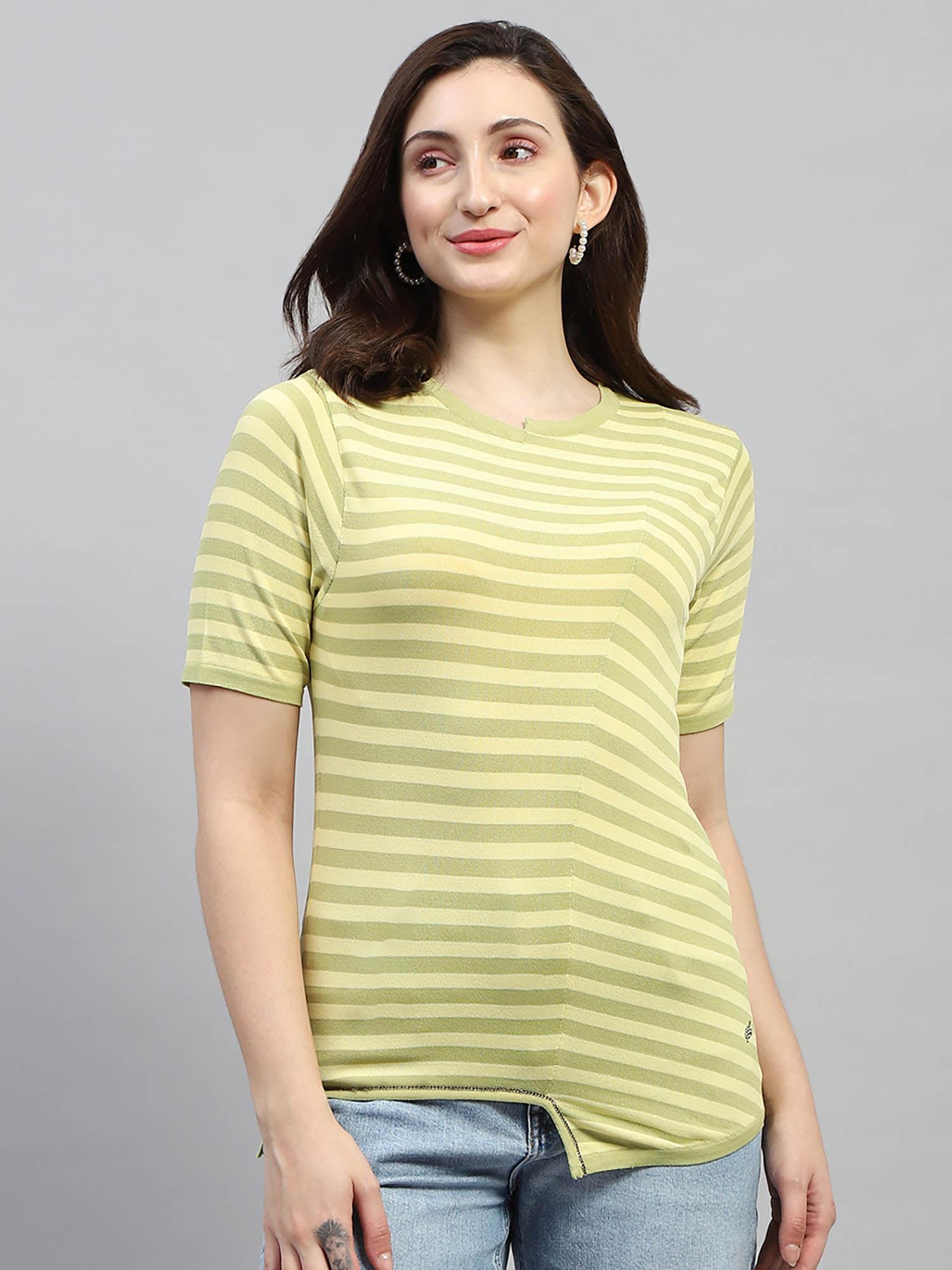 women yellow stripes half sleeves round neck top