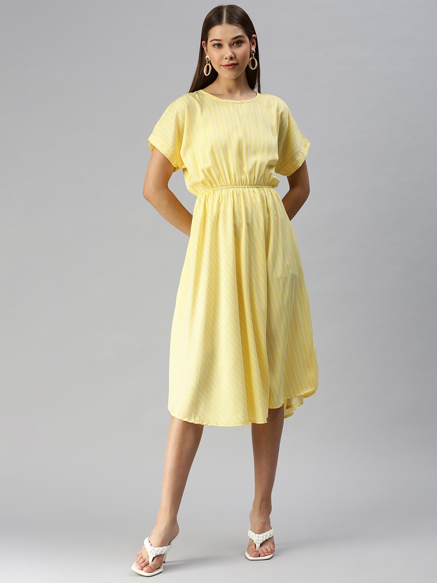 women yellow stripes round neck a-line dress