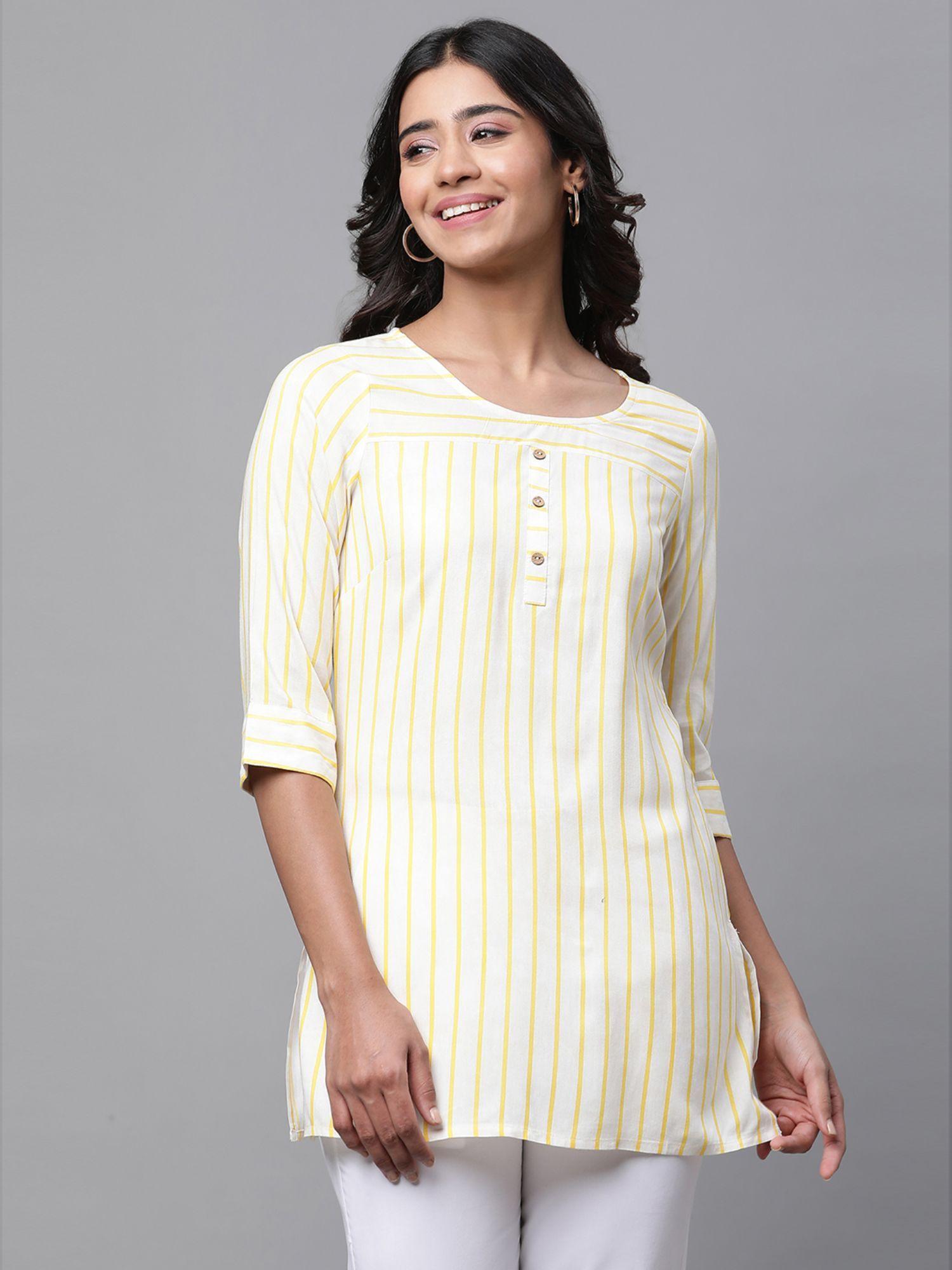 women yellow stripes three fourth sleeves round neck kurti