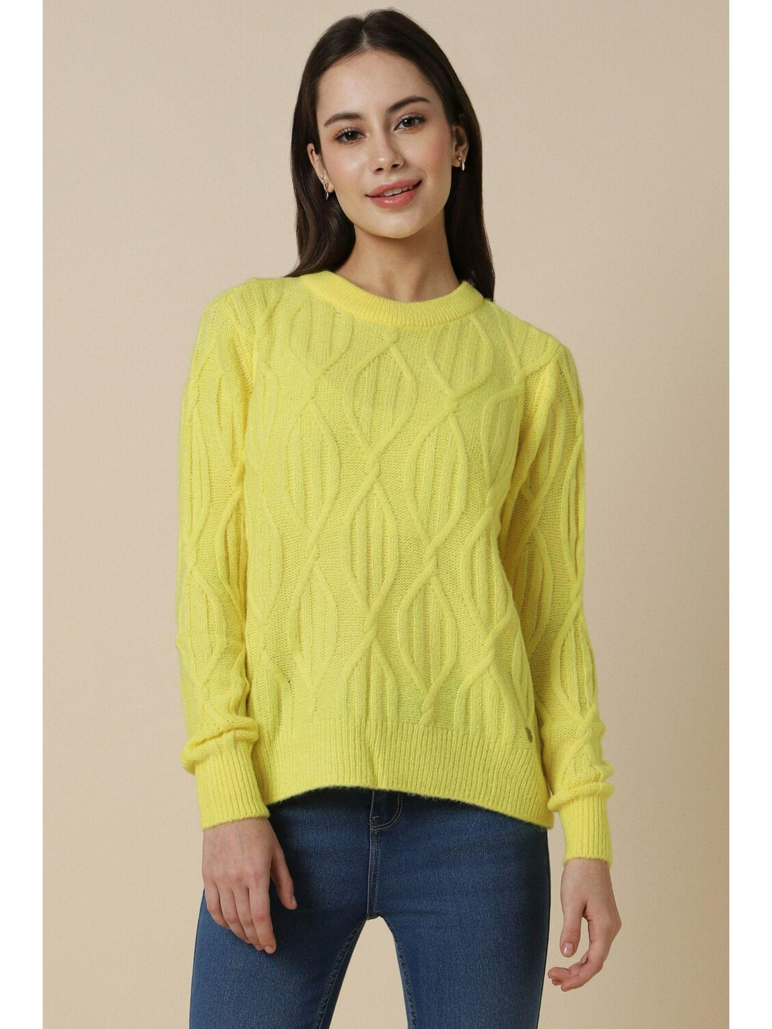 women yellow textured round neck casual sweater