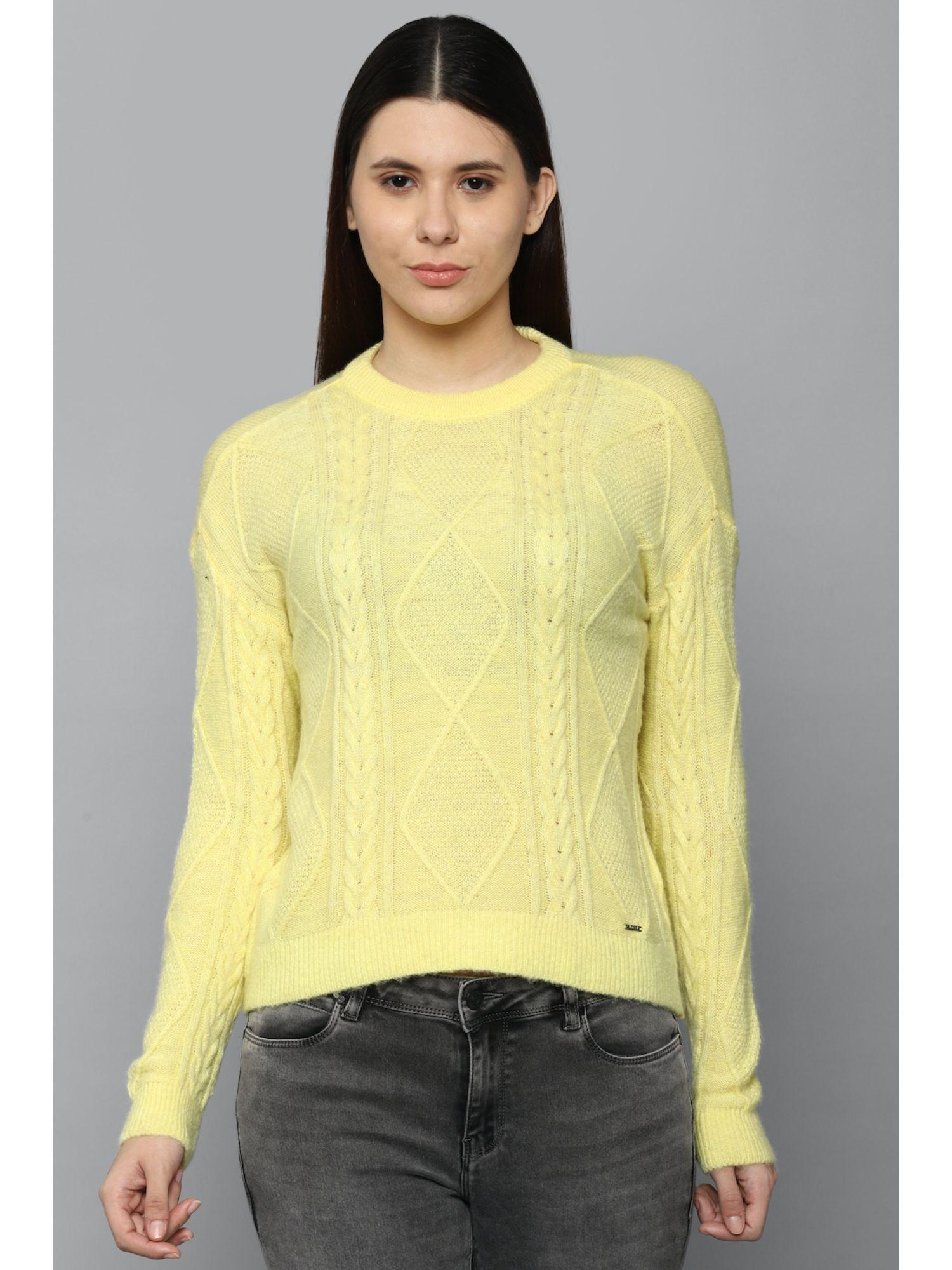 women yellow textured round neck casual sweater