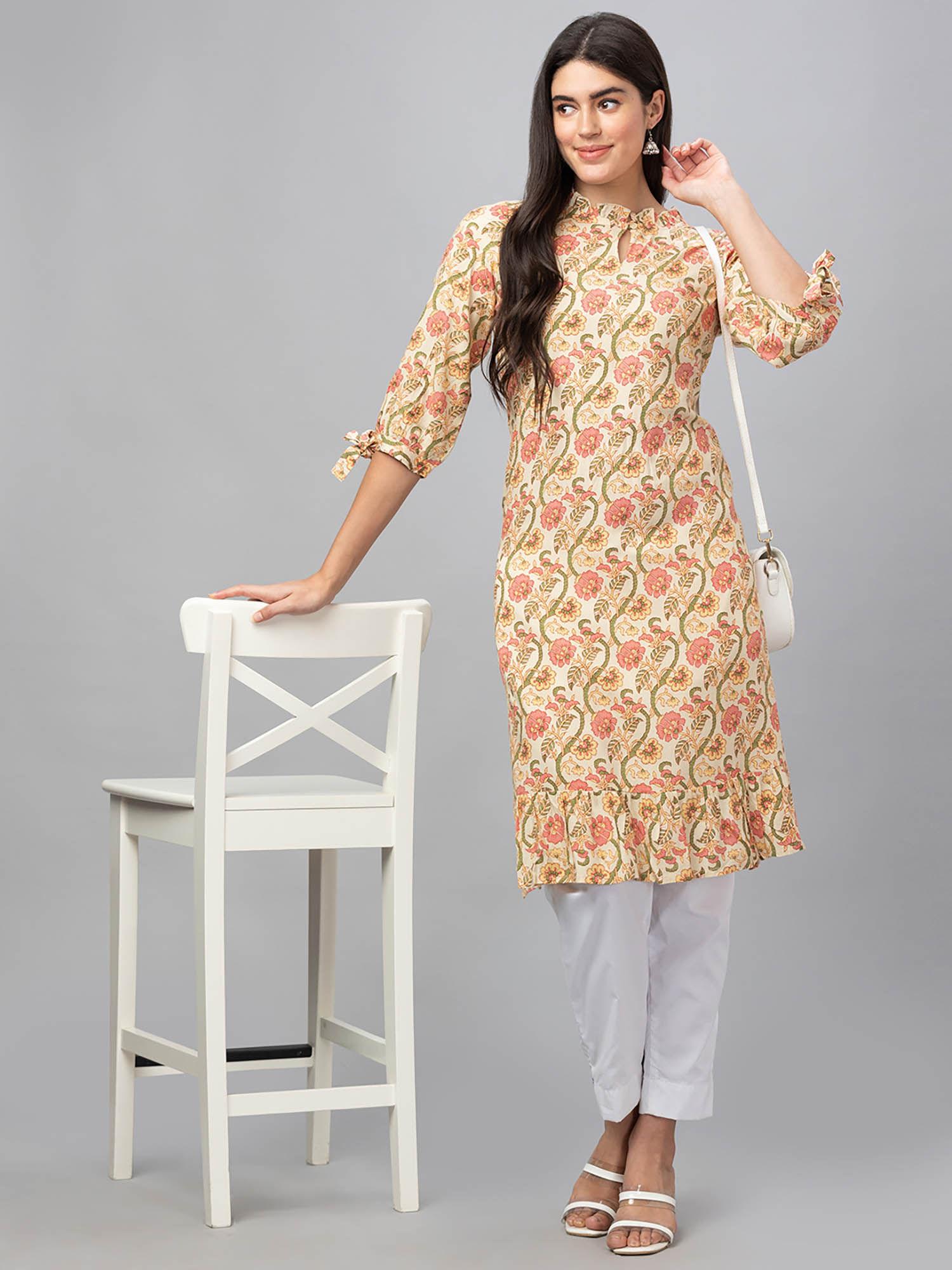 women yellow three fourth sleeves all over printed aline kurta