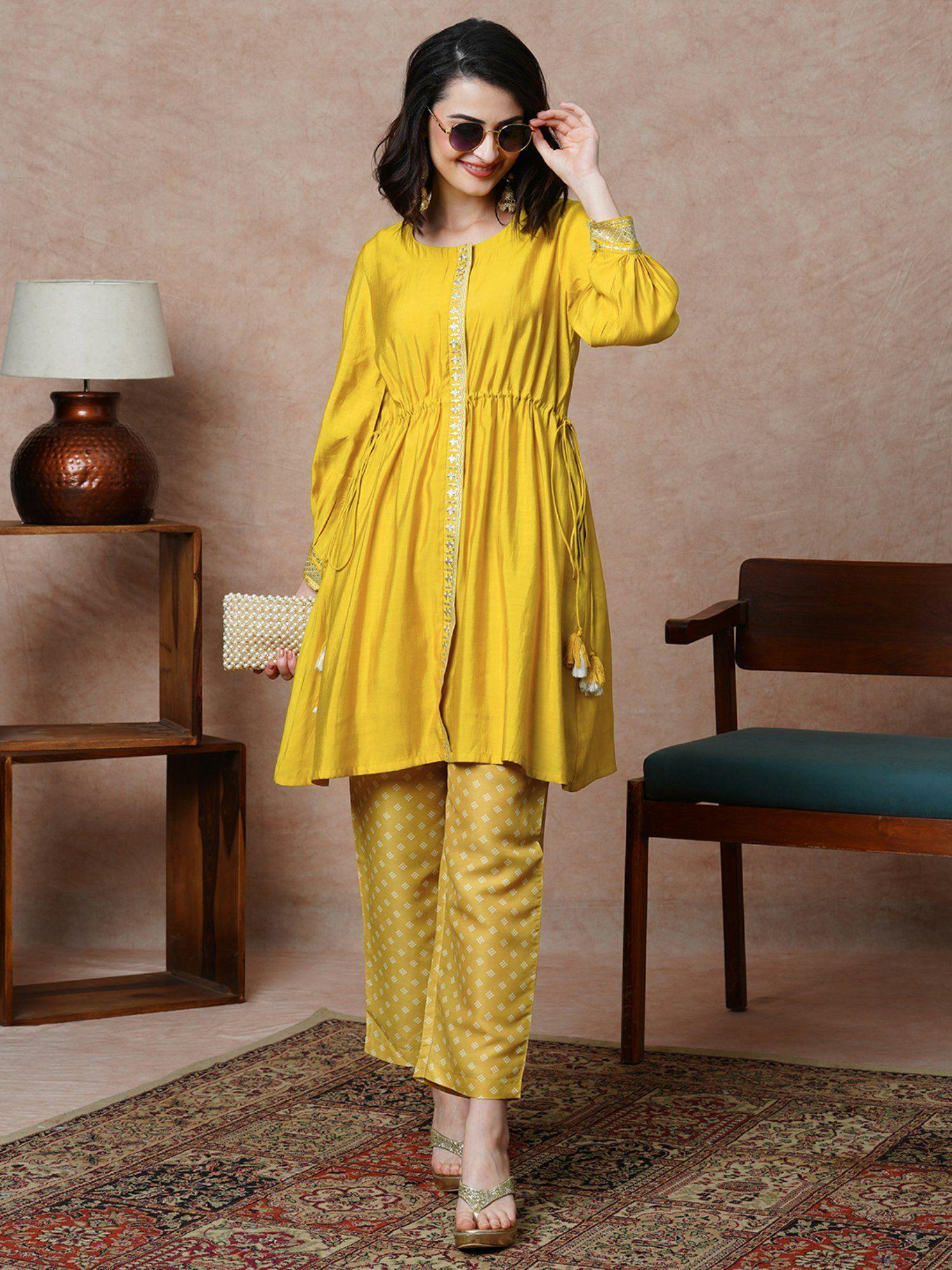 women yellow tunic & bandhani print straight pant co-ord (set of 2)