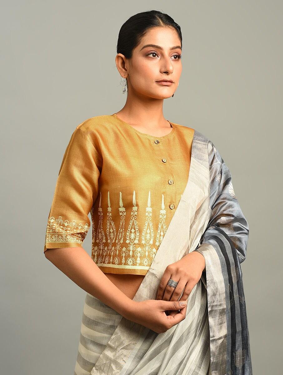 women yellow tussar block print saree blouses