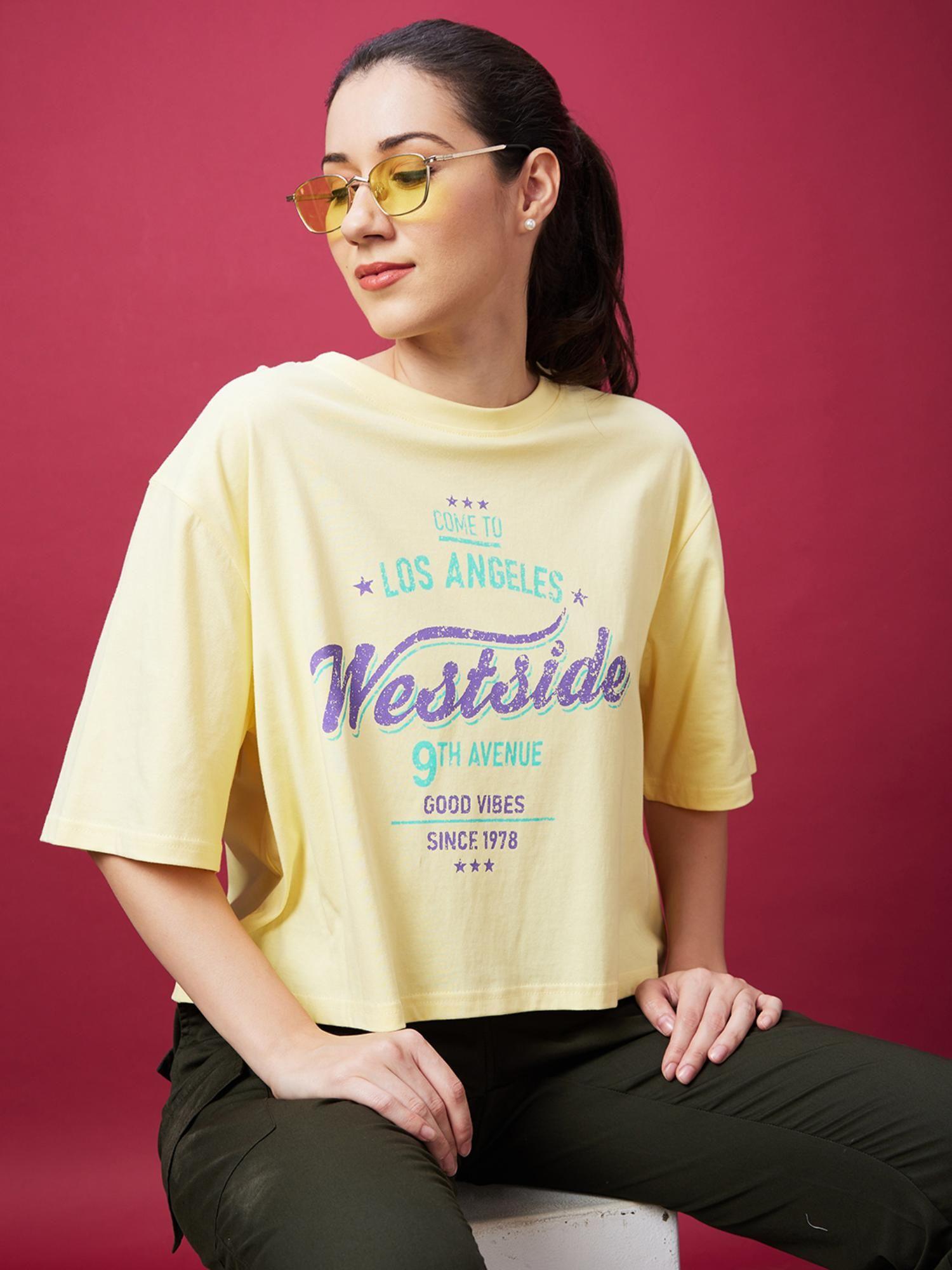 women yellow typography print drop shoulder sleeves crop boxy t-shirt