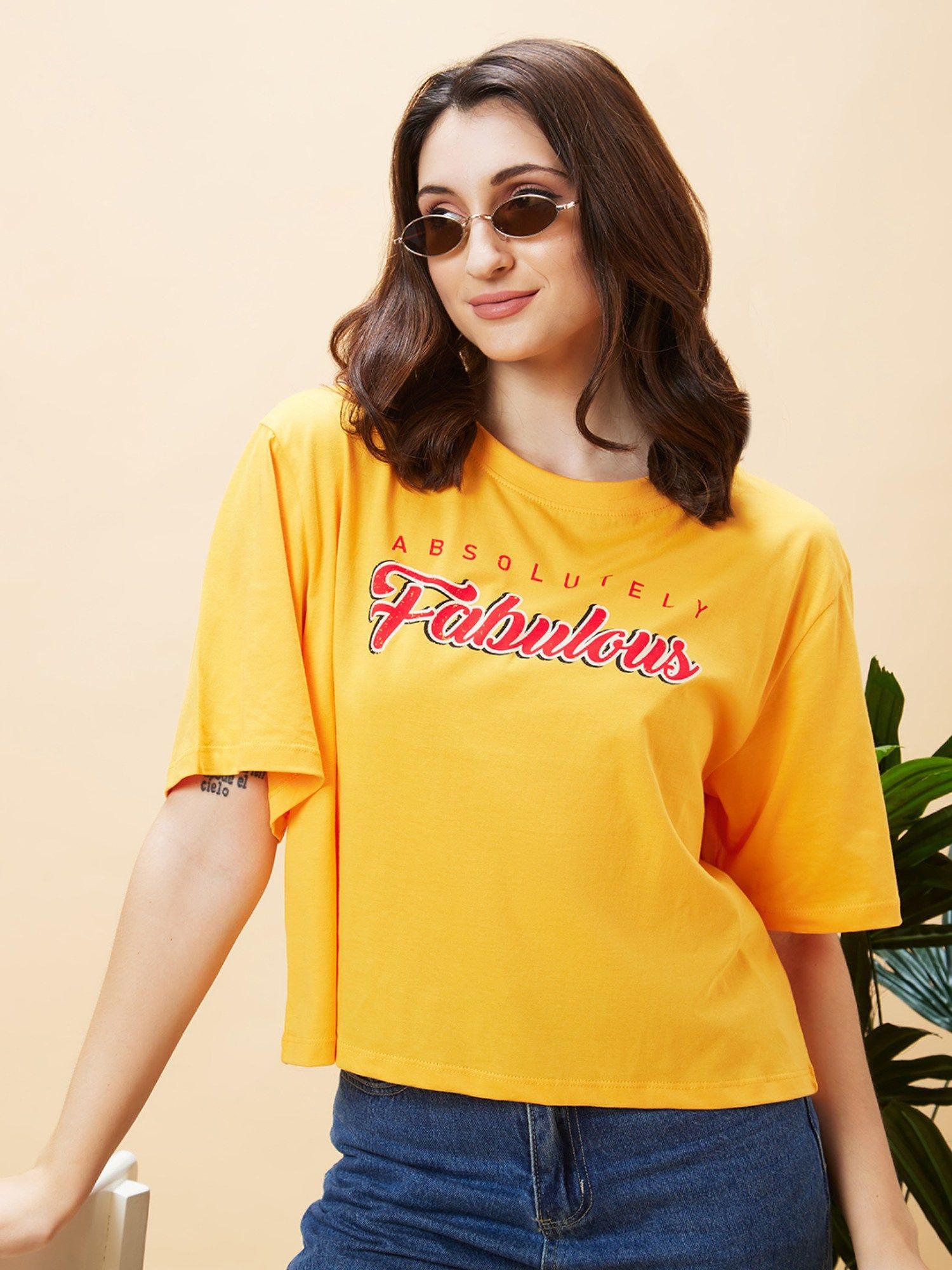 women yellow typography print round neck boxy fit casual crop t shirt