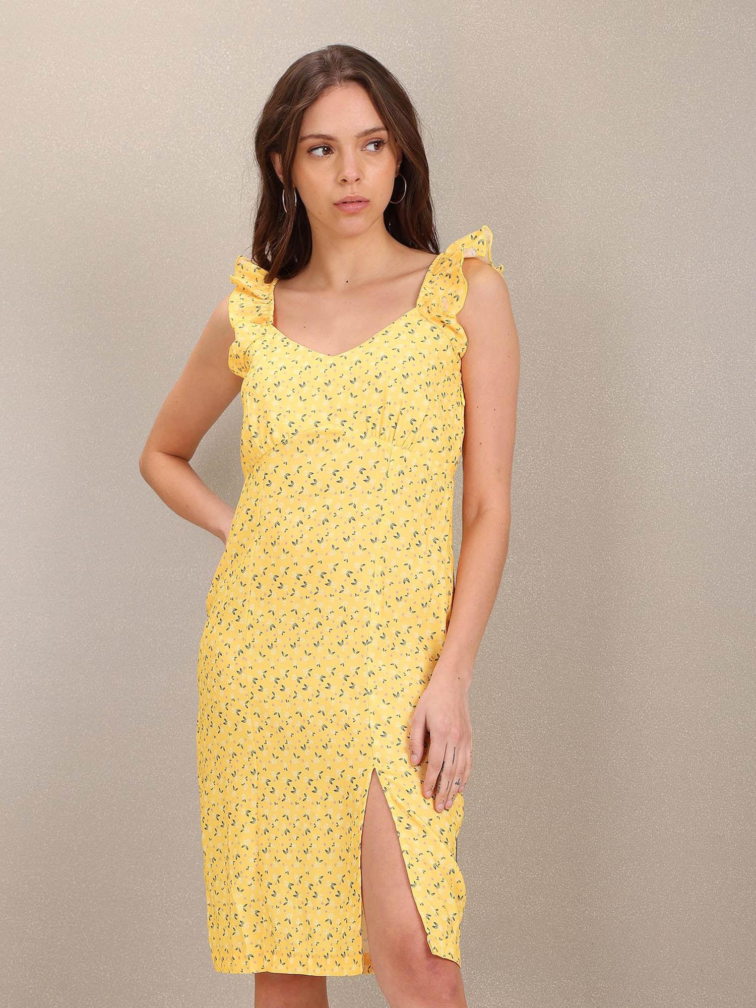 women yellow v-neck floral print slip dress