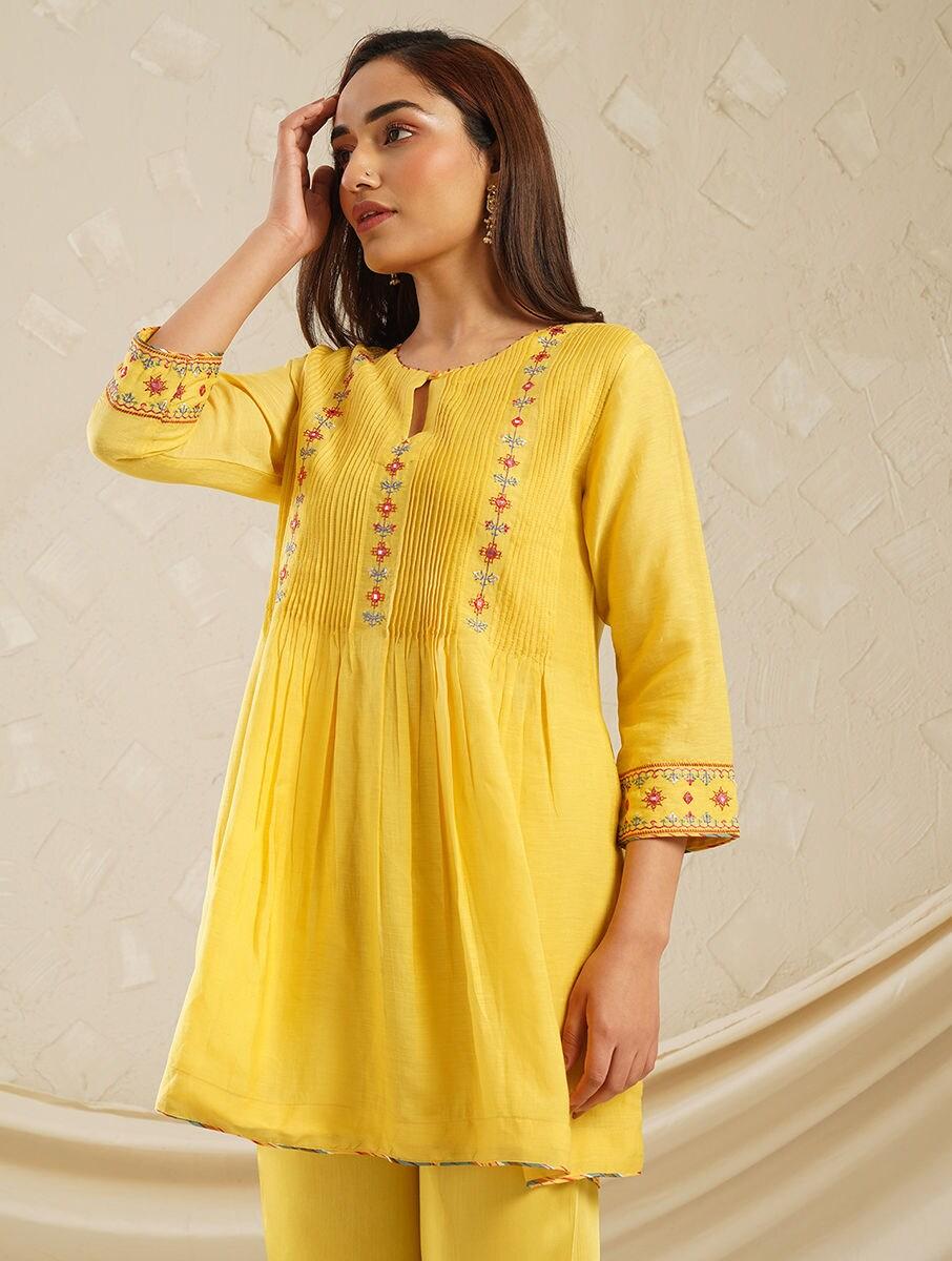 women yellow viscose linen embroidered mandarin collar regular fit tunics