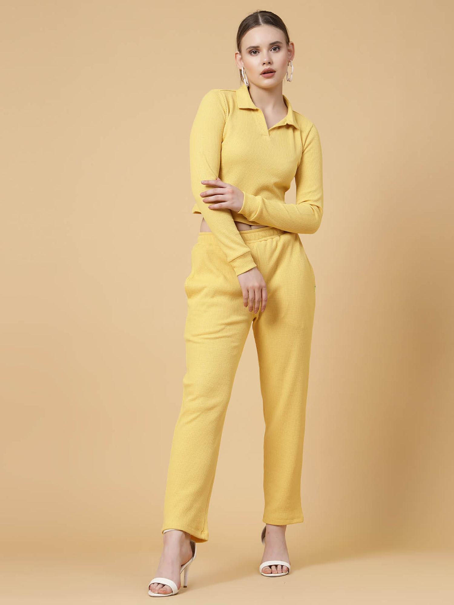 women yellow waffle solid co-ord (set of 2)