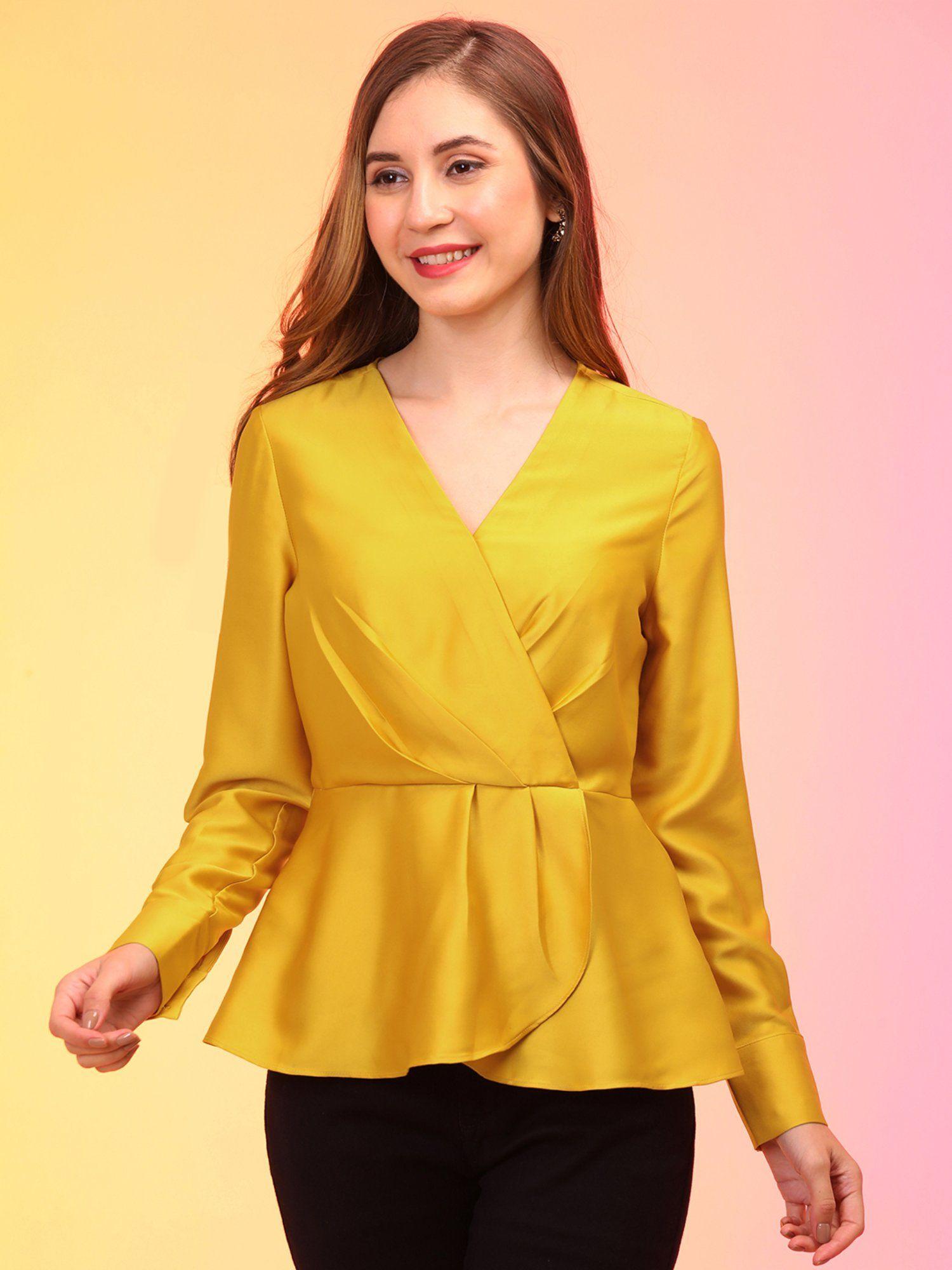 women yellow wrap neck cuffed sleeves pleated satin workwear top