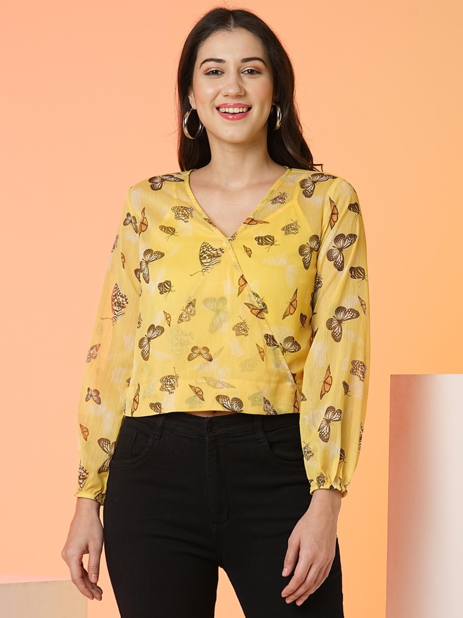 women yellow wrap neck full sleeve top