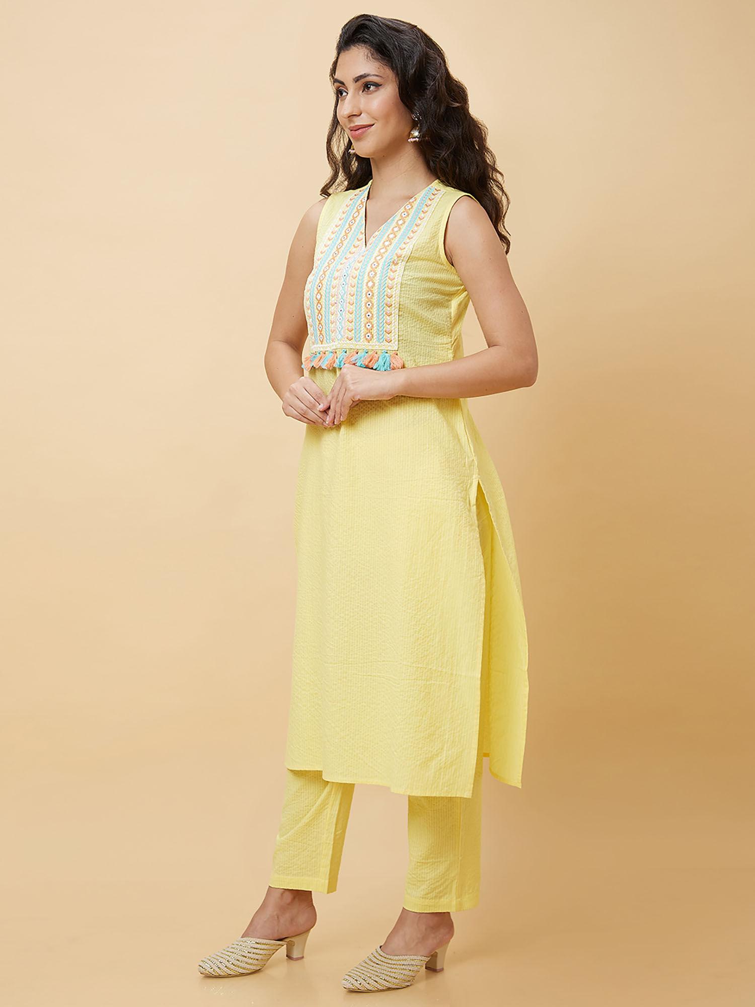 women yellow yoke embroidered fusion a-line kurta with trouser (set of 2)