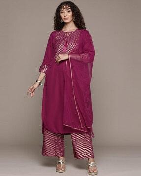 women yoke embellished straight kurta pants & dupatta set