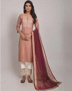 women yoke embroidered straight kurta with pants & dupatta set