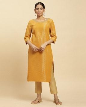 women yoke embroidered straight kurta