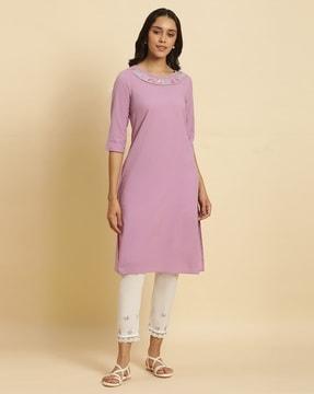 women yoke embroidered straight kurta