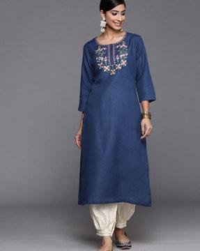 women yoke embroidered straight kurta