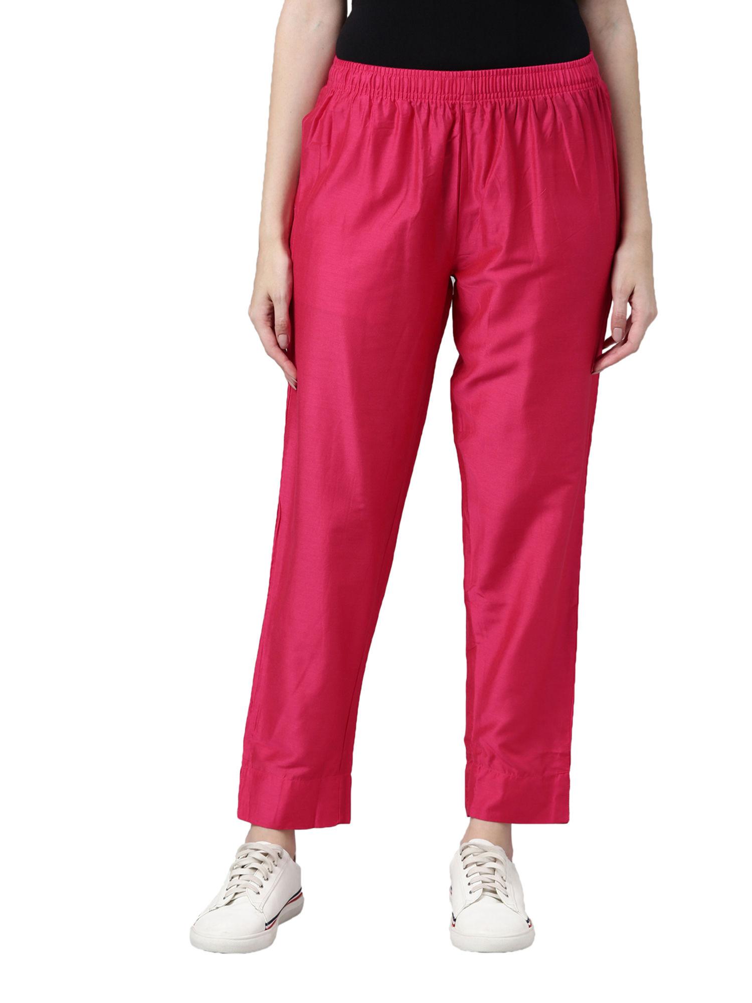 women young fuchsia solid mid rise metallic pants