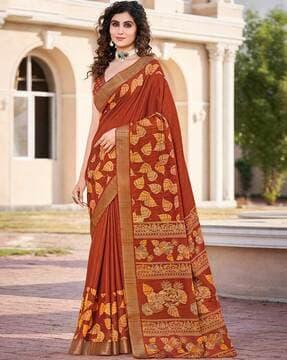 women zari bordered printed saree unstitched blouse piece