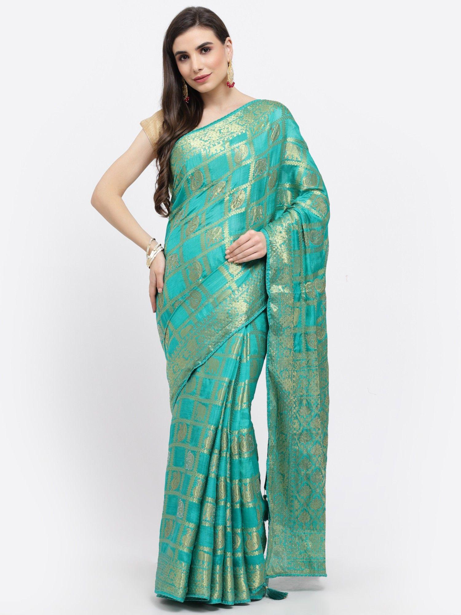 women zari weaving silk saree & blouse green with unstitched