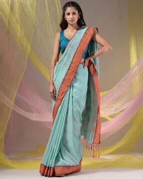 women zari woven saree with contrast border